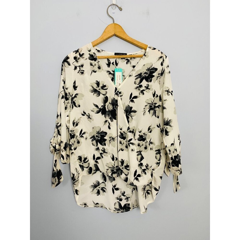 NWT West Kei Allan Surplice Tie Sleeve High Low Blouse Size S Black and White Fl